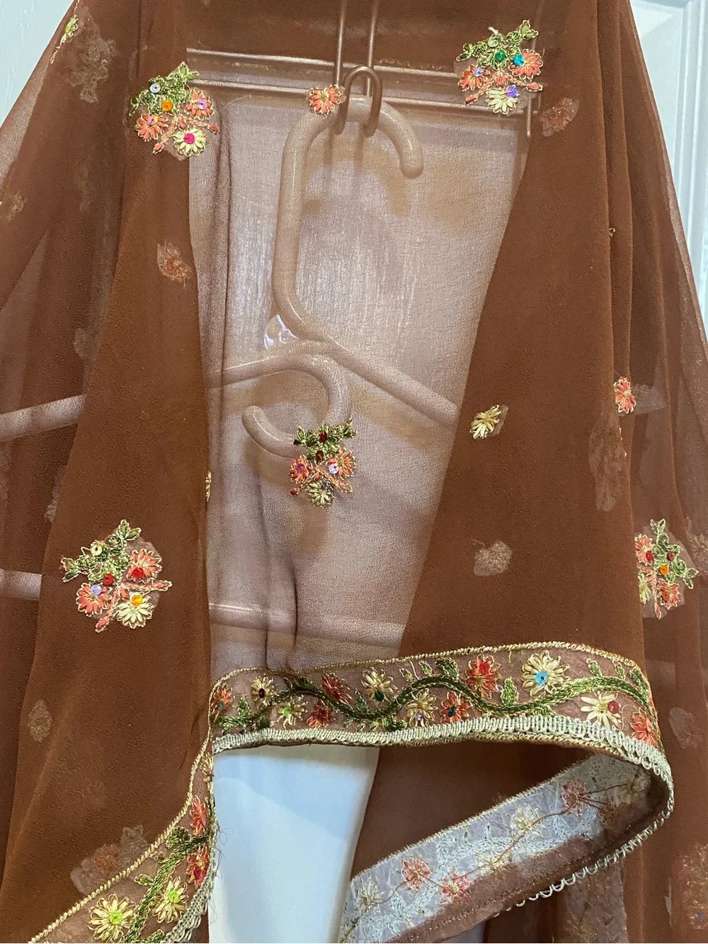 Embroidered Brown Floral Sheer Scarf/Shawl